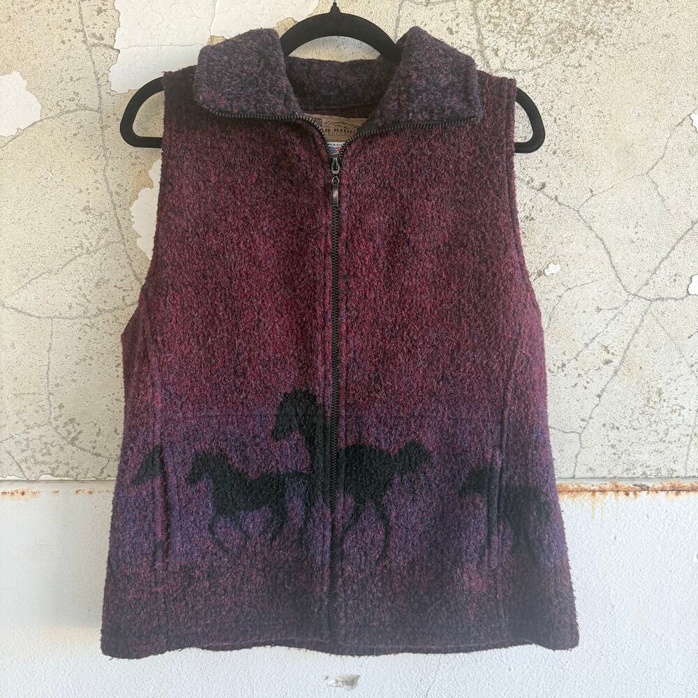 Vtg Fleece Vest Horses Western Wool Ombre Cowgirl Women M Made in USA Bear Ridge